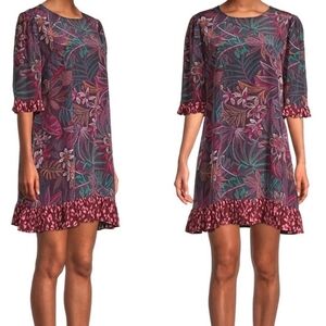 NWT Johnny Was Alicante Tunic Silk Shift Dress, Tropical Print, Ruffle Hem, XL.